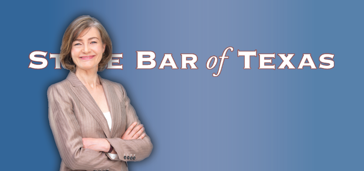 Woman standing in front of State Bar of Texas logo