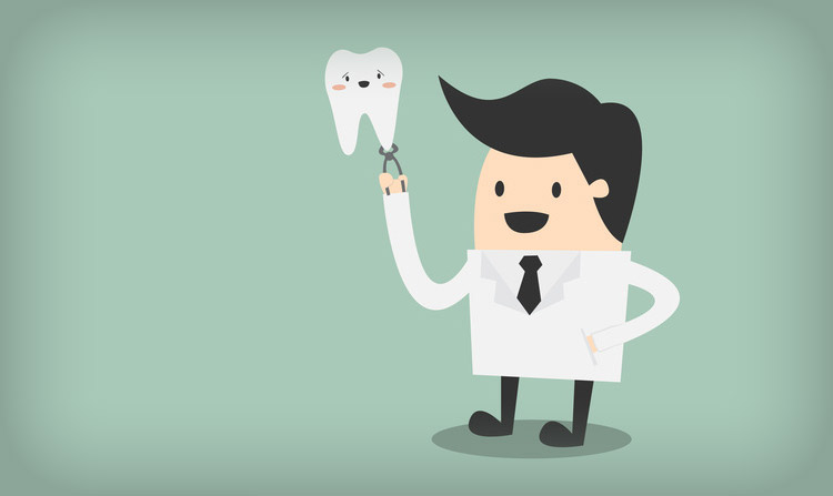 Cartoon illustration of dentist holding a tooth
