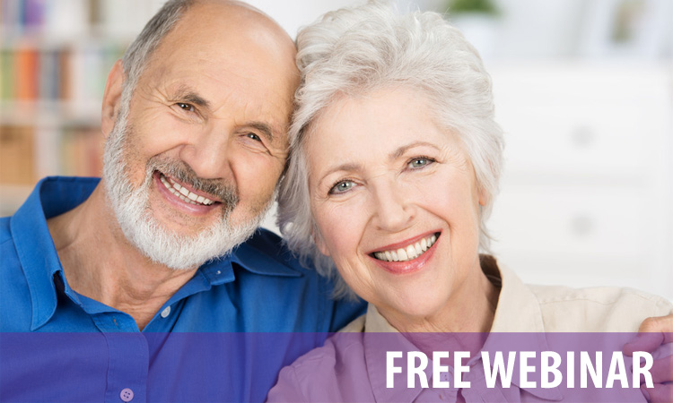 Smiling seniors with the text "Free Webinar" superimposed across screen