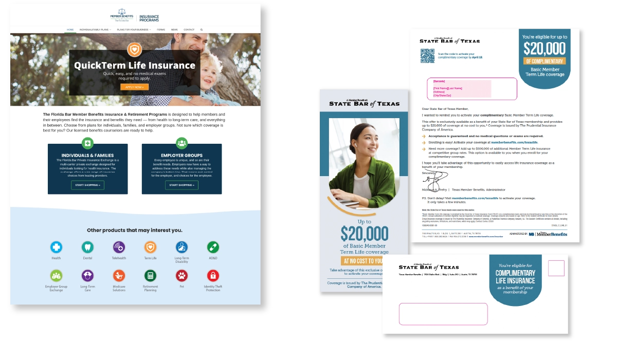 Examples of web pages and direct mail Member Benefits has created