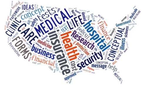 Health Insurance Word Cloud In The Shape Of The US