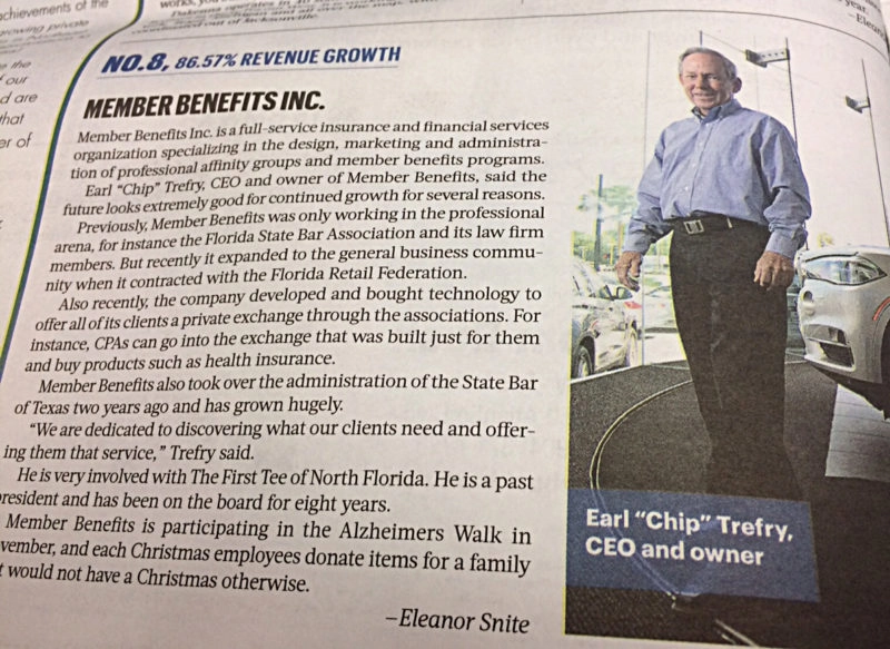 Newspaper clipping that shows Member Benefits is ranked #8 in the Jacksonville Business Journal