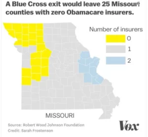 Map of Missouri counties effected by Blue Cross decision to leave ACA exchange