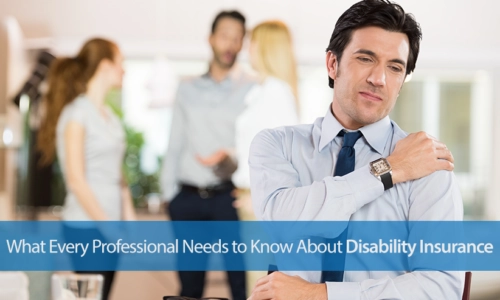Businessman Holding His Shoulder In Pain, With The Text, "What Every Professional Needs To Know About Disability Insurance" Superimposed Across Screen