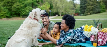 Happy Family With Their Dog In A Park