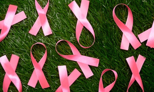 Pink Breast Cancer Awareness Ribbons Sitting On Grass