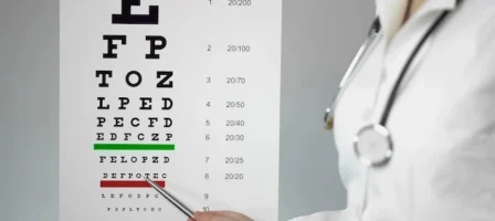 Doctor pointing to an eye chart during a vision exam.